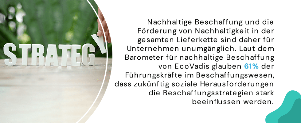 Nachhaltige Beschaffung und die Förderung von Nachhaltigkeit in der gesamten Lieferkette sind daher für Unternehmen unumgänglich. Laut dem Barometer für nachhaltige Beschaffung von EcoVadis glauben 61 % der Führungskräfte im Beschaffungswesen, dass zukünftig soziale Herausforderungen die Beschaffungsstrategien stark beeinflussen werden.