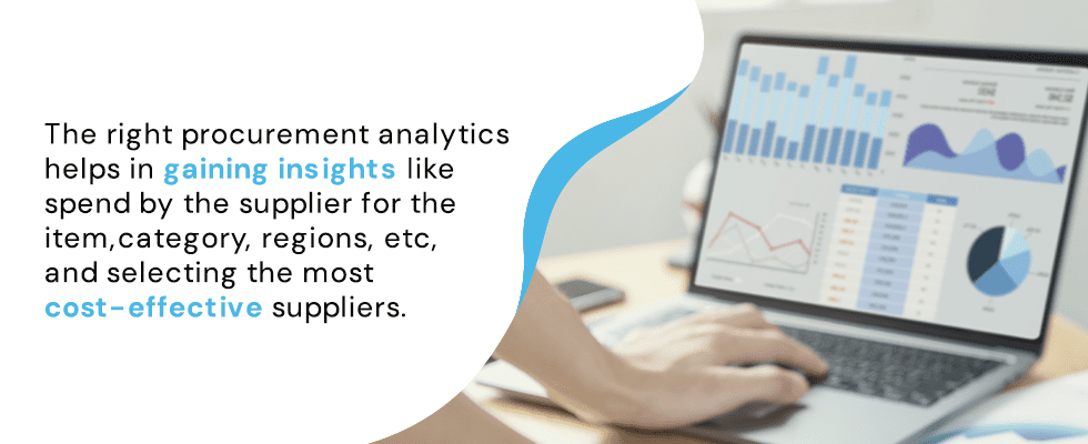 The right Strategic Sourcing analytics tools can assist procurement specialists in gaining insights such as spend by the supplier for the item, category, regions, etc, and selecting the most cost-effective suppliers.