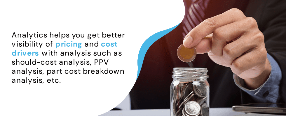 Analytics also helps you get better visibility of pricing and cost drivers with analysis such as should-cost analysis, PPV analysis, part cost breakdown analysis, etc.